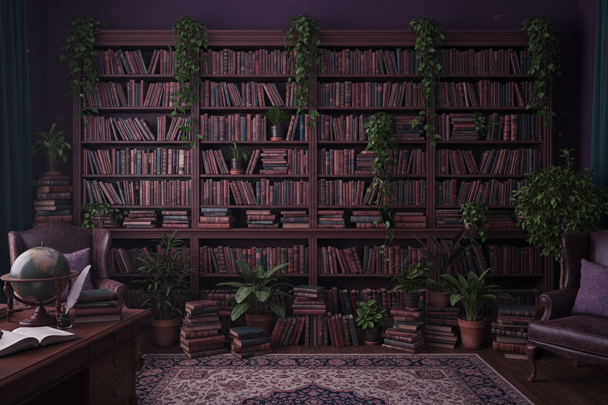 book shelves stuffed with books, also include greenery. Lots of deep purples and greens. Dark academia vibe